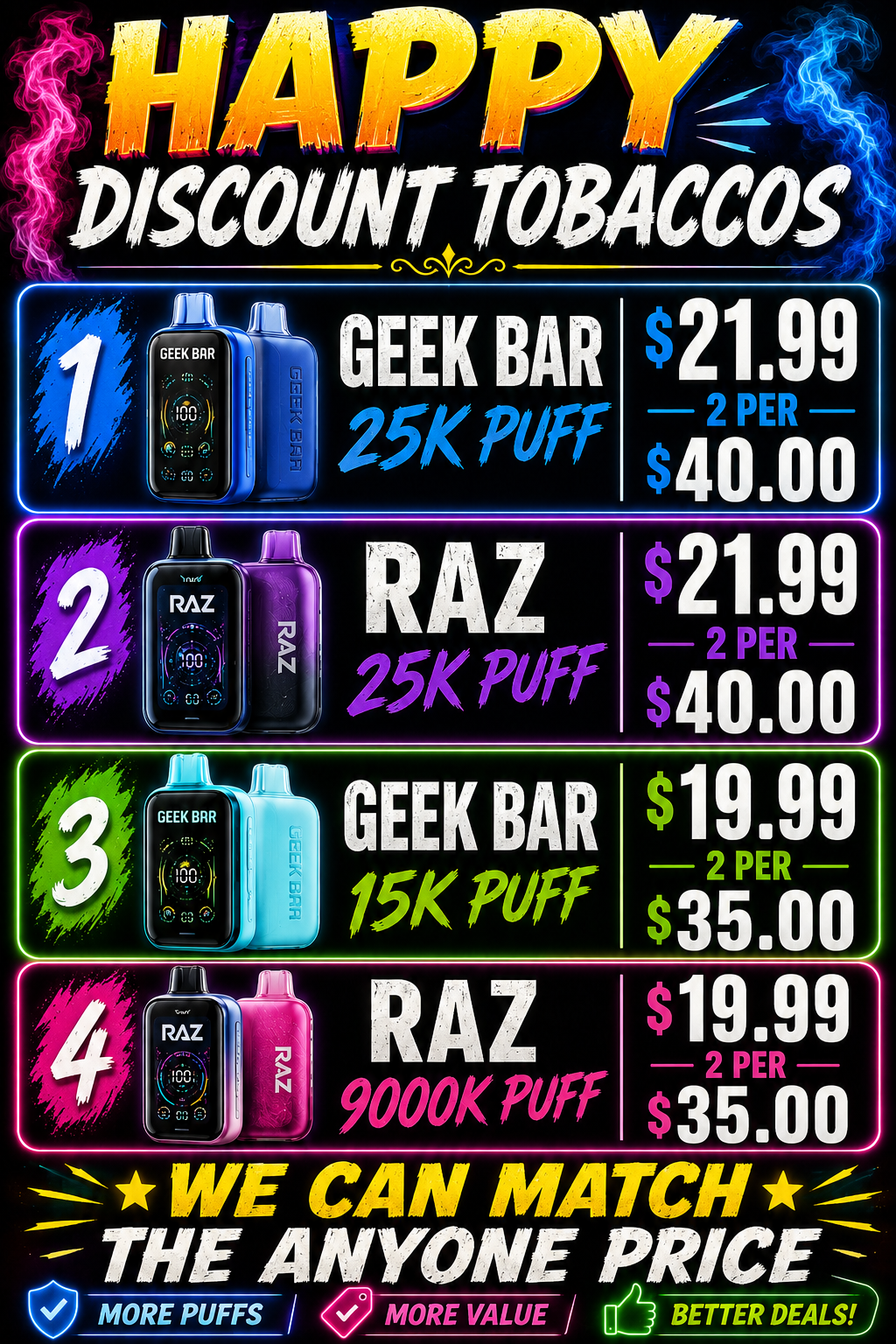 Happy Discount Tobaccos — Geek Bar and RAZ vape deals, we match anyone's price