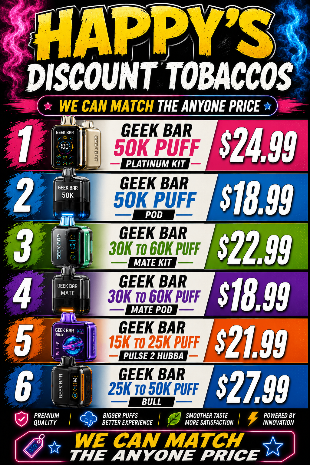 Happy's Discount Tobaccos — full Geek Bar vape lineup with pricing, we match anyone's price